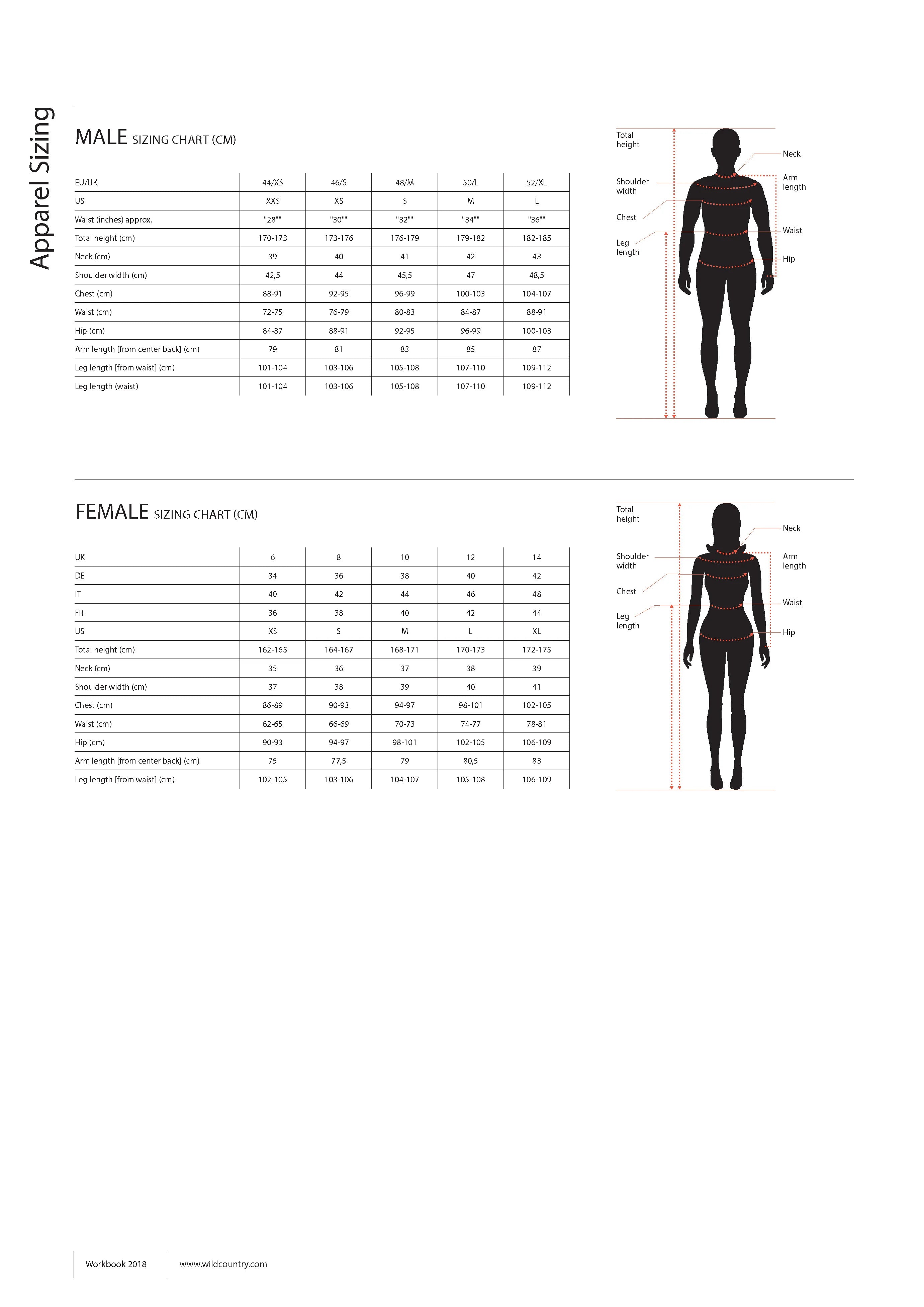 Apparel Sizing Chart - Male and Female sizing in CM